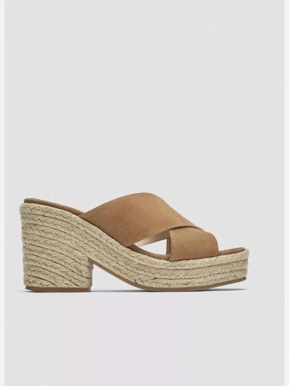 Zara Camel Suede Crossband Espadrille Wedge Slides